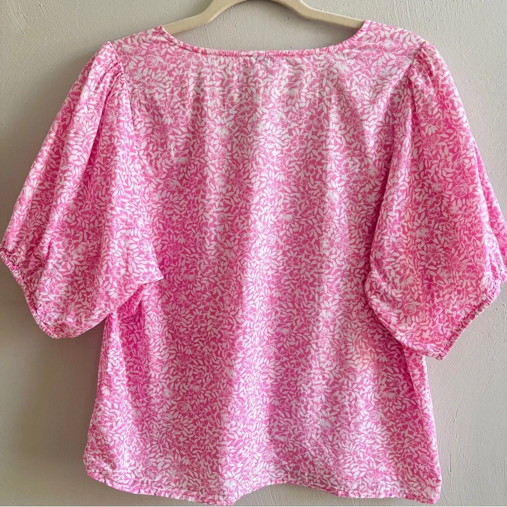 J. Crew | Cotton V-Neck Puff-Sleeve Floral Women Pink/White Blouse Large